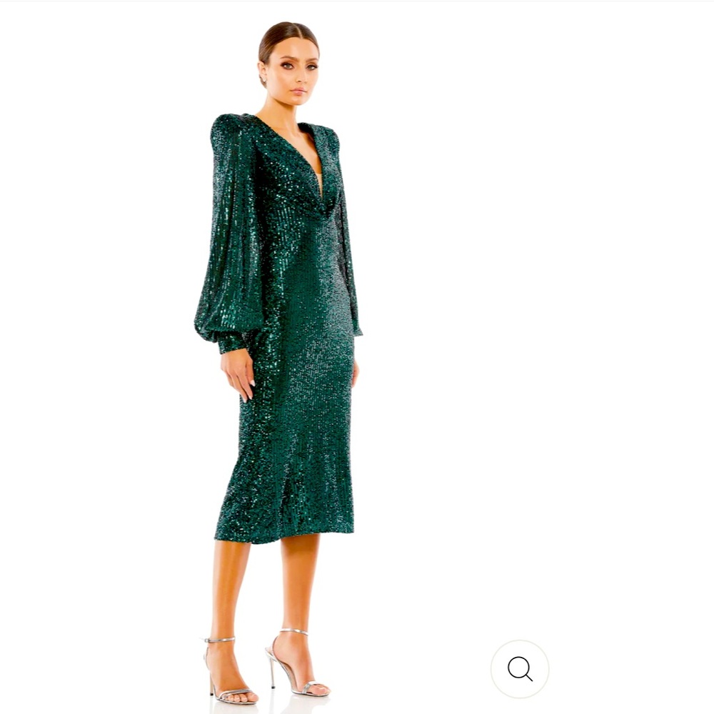Ieena Mac Duggal Emerald Sequin Green Dress With Long Sleeves Gold Buttons 6